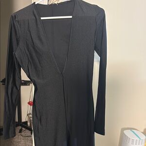 Black Long Sleeve Deep V-Neck Bodysuit